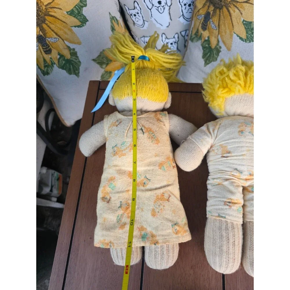 Vintage Knit Cloth Dolls Boy & Girl Pair Yellow Hair Yellow Animal Print Outfit